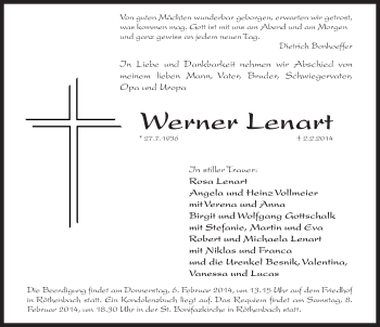 Traueranzeige von Werner Lenart von Pegnitz-Zeitung